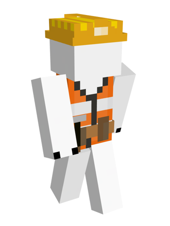 A simple Federation worker skin. They have the same white bear body as Cucurucho with claws but they have a blank face. They wear a yellow construction hat and an orange high-vis construction vest. Around their waist is a toolbelt with a hammer and a few brown pouches.